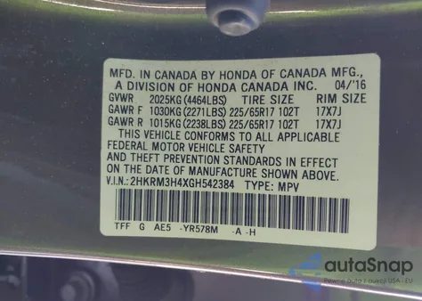 2016 Honda Cr-V Se z USA, uszkodzony, nr VIN 2HKRM3H4XGH542384